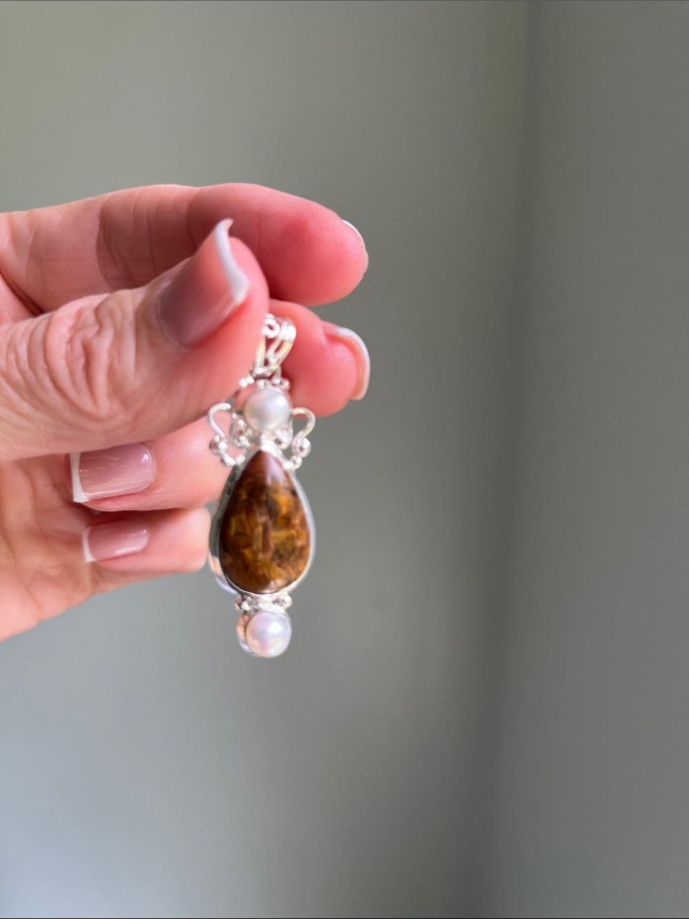 Sterling Silver Natural Stone Teardrop Pendant with Pearls - Brown